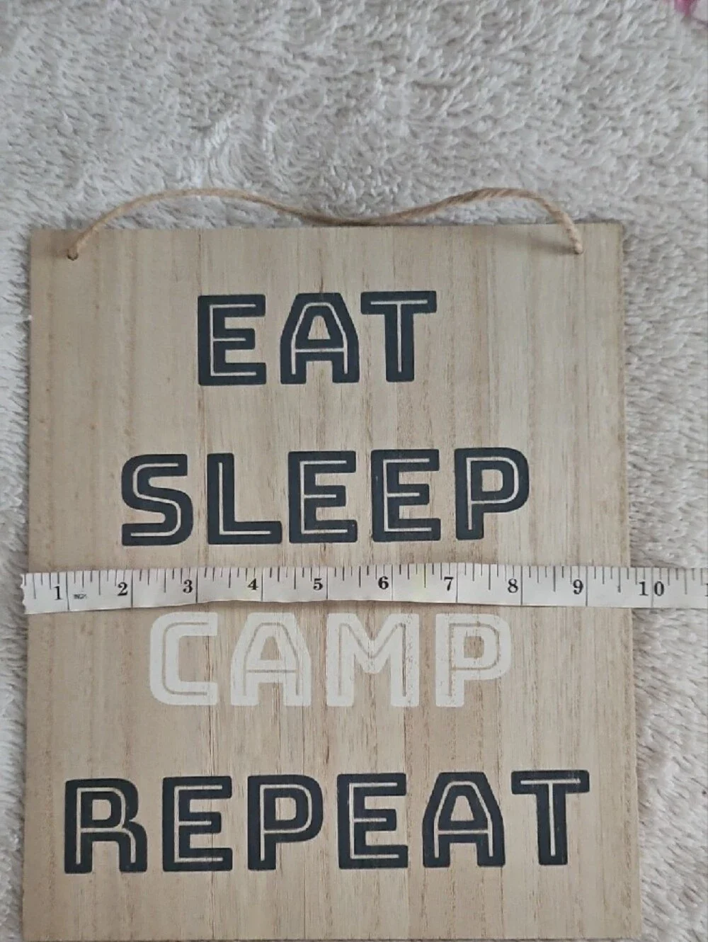 Eat Sleep Camp Repeat Wooden Wall Sign - Natural with Black & White Text